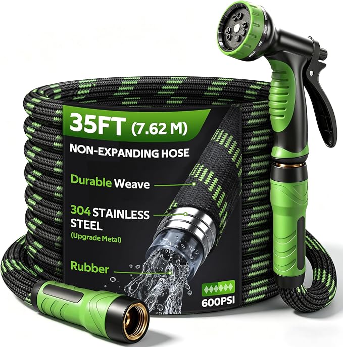NON-EXPANDABLE Garden Hose 35 FT Water Hose with 10-Function Spray Nozzle | Yard hose Heavy Duty Steel Metal Flexible,Durable Fabric Skin,No Kinks & Leak-Proof with Upgraded Handle hose pipe outside