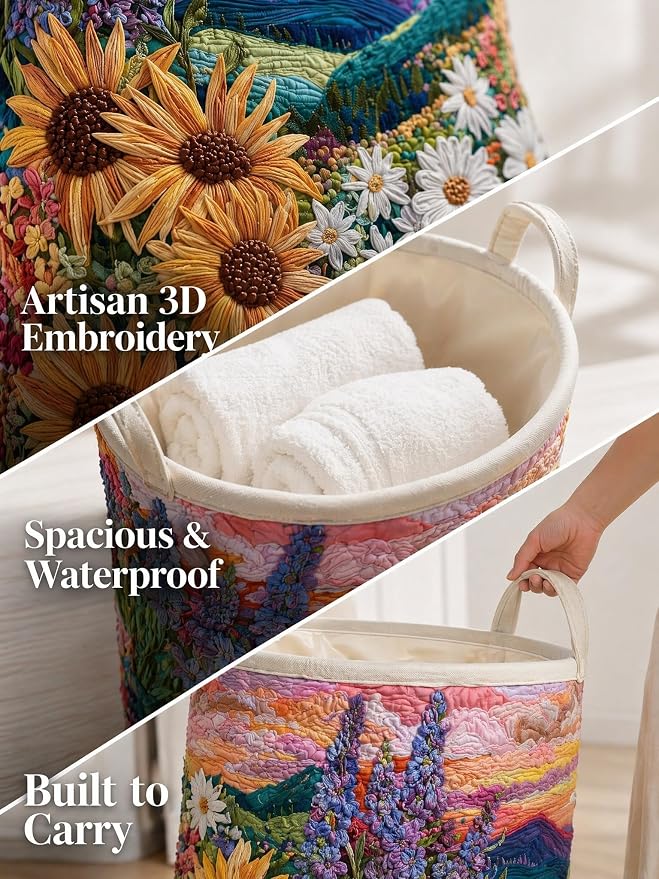 Quilted Laundry Basket with Handles, Boho Floral Quilted Storage Hamper, Large Capacity Laundry Hamper for Nursery Bedroom Laundry Room Home Decor (Pattern 02, Large (28"H x 20"W x 20"L))