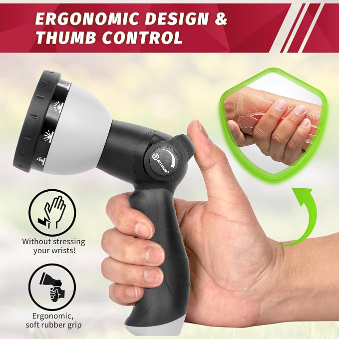 AUTOMAN Garden Hose Nozzle - 10 Adjustable Spray Patterns, Thumb Flow Control Hose Sprayer, Water Hose Spray Nozzle for Plants Watering, Car Washing, Window Cleaning, Pets Bathing, Outdoor Fun, Black