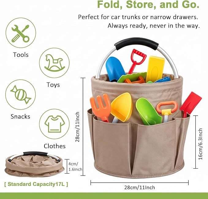 Cleaning Supply Caddy, 17L Foldable Cleaning Caddy with Handle and 6 Pockets, 600D Oxford Fabric Portable Shower Caddy, Bucket Bag for Cleaning Products, Camping, Khaki