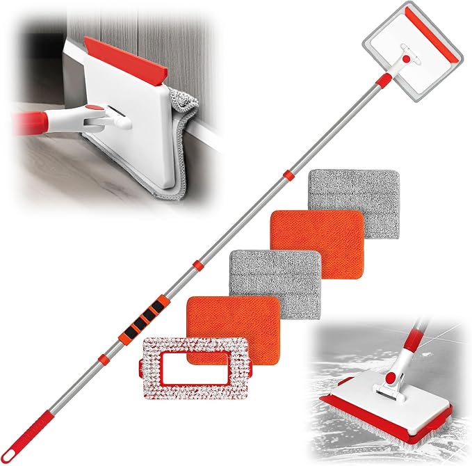 JEHONN Baseboard Cleaner Tool with Handle, 56 inches Base Boards Cleaning Mop Scrubber, 1 Stiff Bristles Brush, 2 Chenille and 2 Microfiber Pads, Wall Duster for Floorboard Ceiling Window Tile