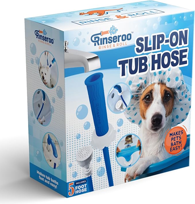 Rinseroo Slip-On Bathtub Faucet Sprayer Attachment, 5 Foot Hose | Ultra-Flex Dog Shower Hose Adapter, Portable with Sprayer Pet Showerhead, Attach Tub Spout, No Install for Speedy Washing