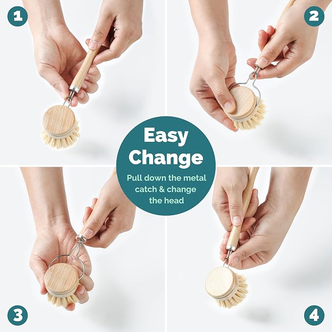 JUNGLE CULTURE Bamboo Dish Brush • 3 Swap Heads & Loofah Sponge • 4 Piece | Non Toxic Plastic Free Kitchen Brushes for Pots, Pans, Cast Iron, Jars & Vegetables • Natural Fiber Bristles