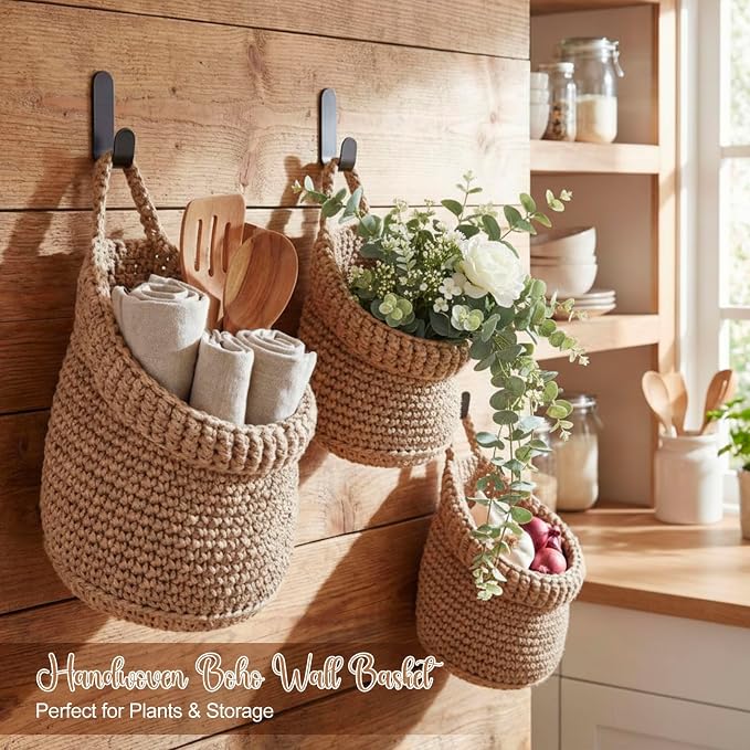 Honeydak 3 Hanging Baskets,Light Linen,Barrel,Cotton Rope | Wicker Wall Baskets with Hooks for Fruit Vegetable Onion Storage, Teardrop Organizer for Kitchen, Boho Farmhouse Decor