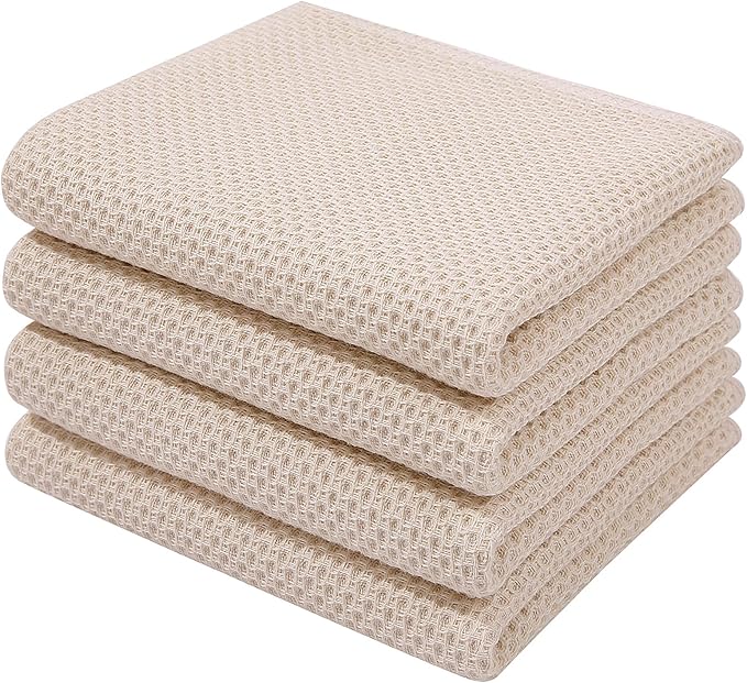 Homaxy 100% Cotton Waffle Weave Kitchen Dish Towels 4-Pack, Beige | 13 x 28 Inches, Ultra Soft Absorbent Dish Towels, Quick Drying Cleaning Towels