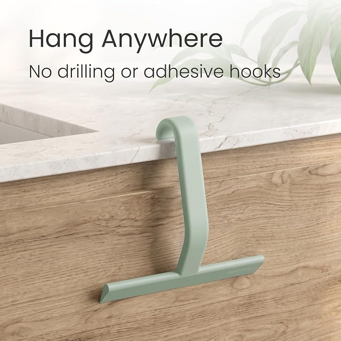 JustHang Shower Squeegee with Built-in Hook, 10'' Matte Green | Award-Winning Design, All-One-Piece Soft-Touch Silicone, for Glass Door, Bathroom, Window, Mirror, Tile Wall, Car