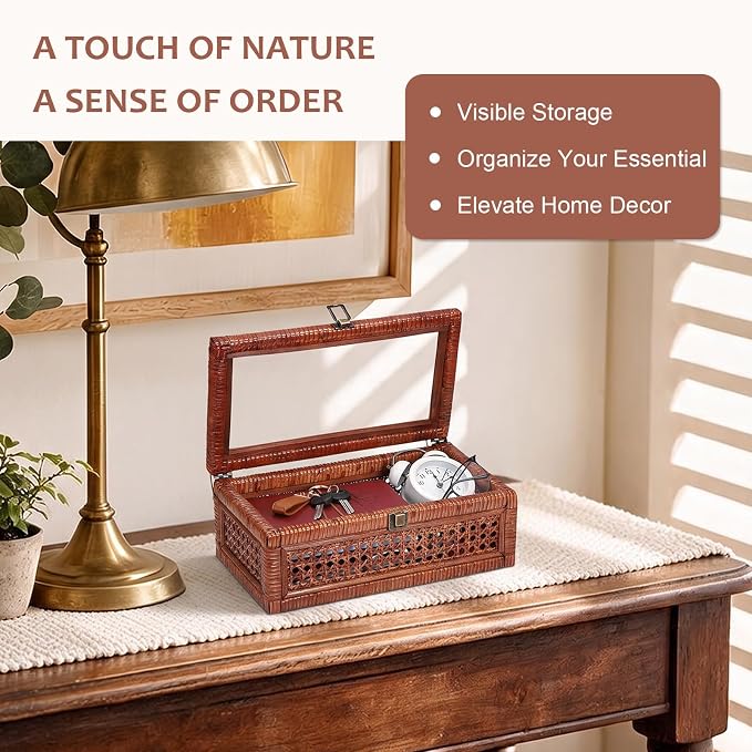 Hipiwe Rattan Storage Box with Lid Vintage Wood and Cane Display Box, Brown | Decorative Shelf Basket for Home Decor, Rectangular Basket Organizer Bin for Bathroom, Kitchen Countertop