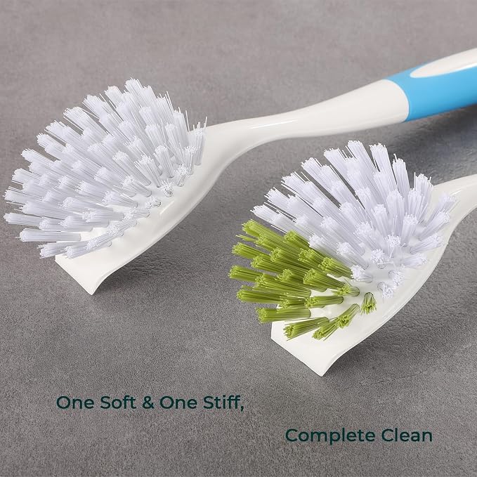 Dish Brush with Long Handle for Kitchen Sink Pot Pan Cleaning, 20 Bulk Pack | Plastic Dish Scrubber, Blue Soft Bristles Dishwashing Brush, Yellow Stiff Scrub Brush for Dishes
