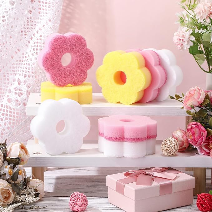 Tioncy 12 Pack Pink Flowers Sponges Sweet Flower Dual Sided Non Scratch | Reusable for Dishwashing Cookware Pot Pan, Cute Kitchen Cleaning Accessories, Non Scratch Bulk Household Supplies