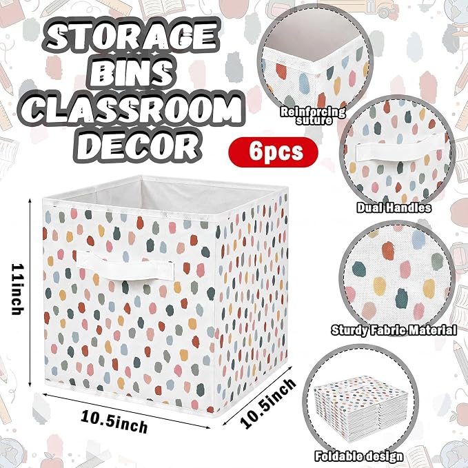 Chunful 6 Pcs 11 Inch Polka Dots Fabric Storage Cube Bin Woven Foldable Storage Cubes for Classroom Basket Bin Classroom Organizer with Handle Decor for Organizing Clothes, Toy, Book