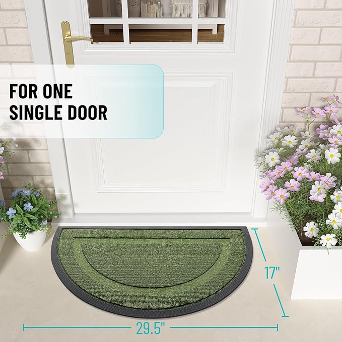OLANLY Half Circle Front Door Mat Outside 29.5x17 All-Season Rubber Doormat | Classic Green, Absorbent, Heavy-Duty, Stain and Fade Resistant, Non-Slip Backing, Low-Profile Indoor Outdoor Entryway Mat