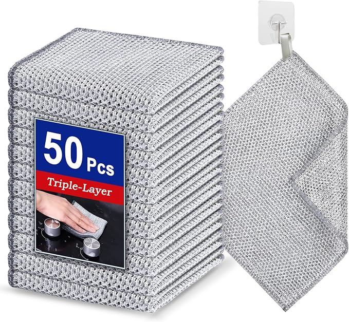 Wangjinpeng 50PK 3-Layer Non-Scratch Wire Dishcloths,7.87 x 7.87 in | metal scrubber,wet & dry clening,multipurpose cleaning cloths for dishes,great for cookware, sinks, dishes and stove tops