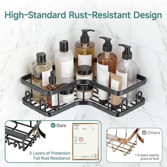 Veken Large Capacity Corner Shower Caddy 5-Pack, Advanced Rustproof Design | No Drilling Adhesive Shelves, Rack with Soap Holder & Hooks, Thickened Metal Frame, Bathroom Organizers and Storage, Black