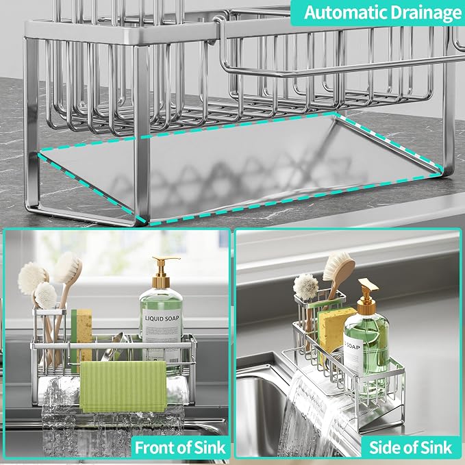 HapiRm Sponge Holder for Kitchen Sink - Self-draining Rustproof Organizer | Sloping Self-draining, Detachable Brush Holder, Stores Sponges, Brushes & Dishcloth, For Countertop Storage, Silver