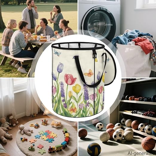 Tulip Butterfly Outdoor Collapsible Trash Can Lightweight & Easy to Carry Pop up Trash Can for Camping Foldable Waterproof Camping Essentials 24 Gal Yard Garden Garbage Bin