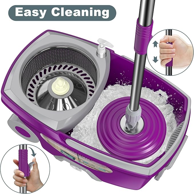 Traditional Large Spin Mop and Bucket, 2 Gal Capacity, Purple | 2 Rolling Wheels, Pull Handle, 61-Inch Handle, 6 Mop Heads, Easy Wringing, For Family Homes, Hardwood, Laminate & Tile Floors