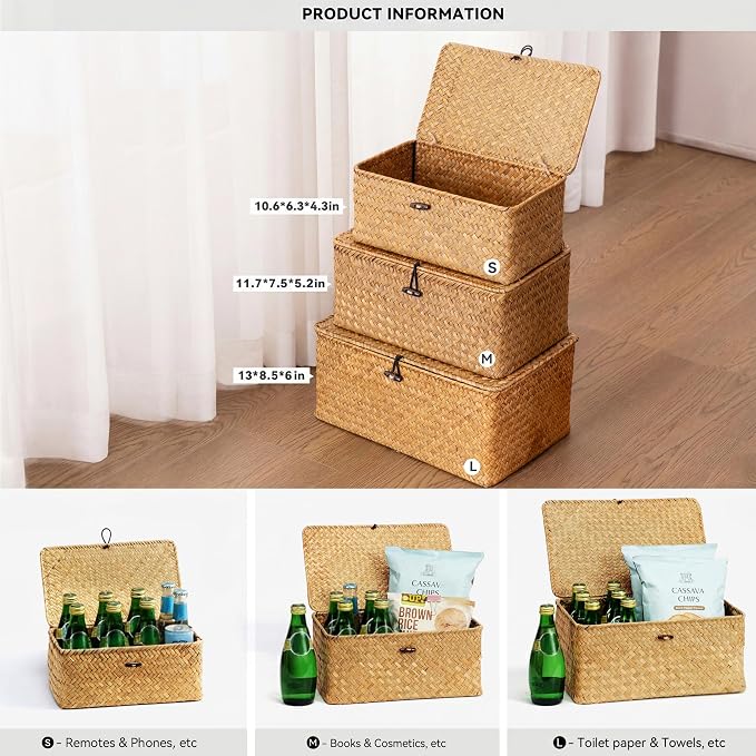 Nonam Wicker Storage Basket with Lid,Seagrass Shelf Basket Set of 3,Nautral | Wicker Basket Container for Organizing, Boho Decorative Basket, Rectangular Household Storage Boxes for Home Organization