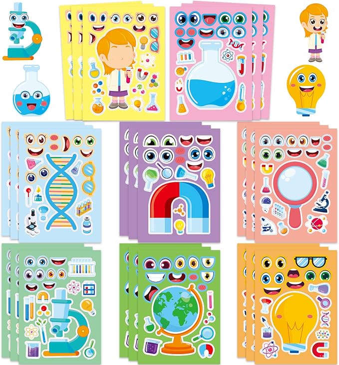 24 Sheets Science Make a Face Stickers, Make Your Own Science Stickers Mix and Match Sticker for Home School Classroom Crafts Activities Reward Birthday Party Favors