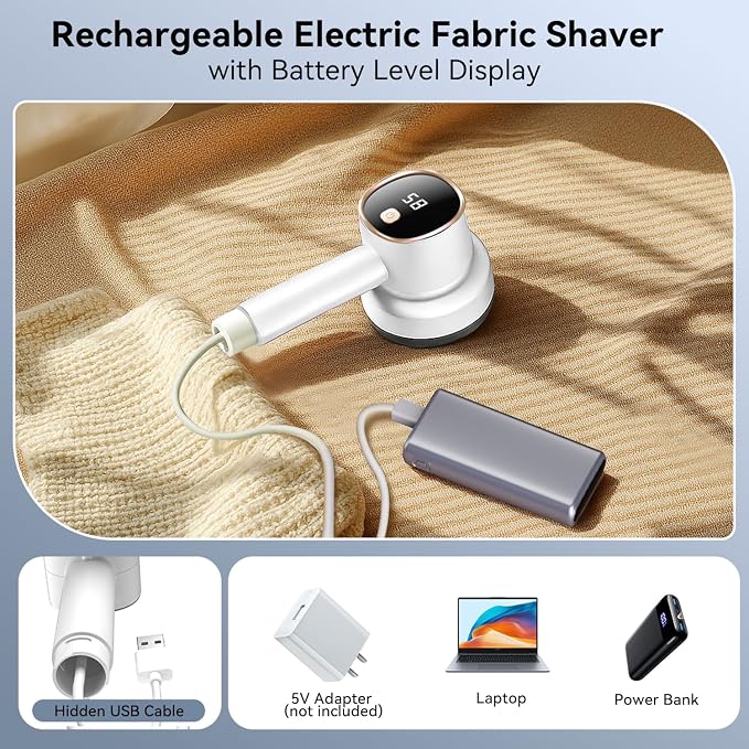 Rechargeable Fabric Shaver, 6-Leaf Blades, LED Display, 3 Speeds | Portable Lint Remover Easy to Remove Pilling, Fuzz & Lint Balls from Clothes, Sweater, Couch, Blanket, Furniture, Coat, White