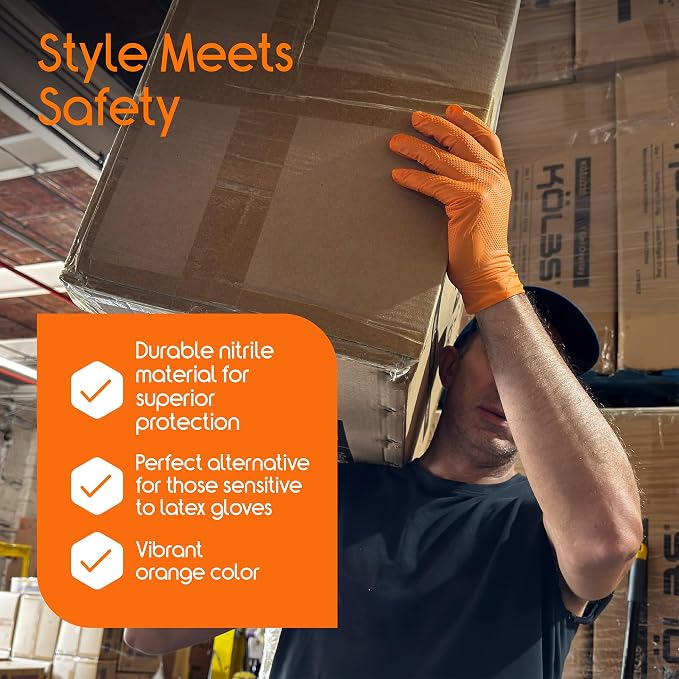 Inspire Heavy Duty Orange Nitrile Gloves | ULTRA 8 Mil Diamond Textured Grip | Industrial Mechanic Disposable Cleaning Gloves