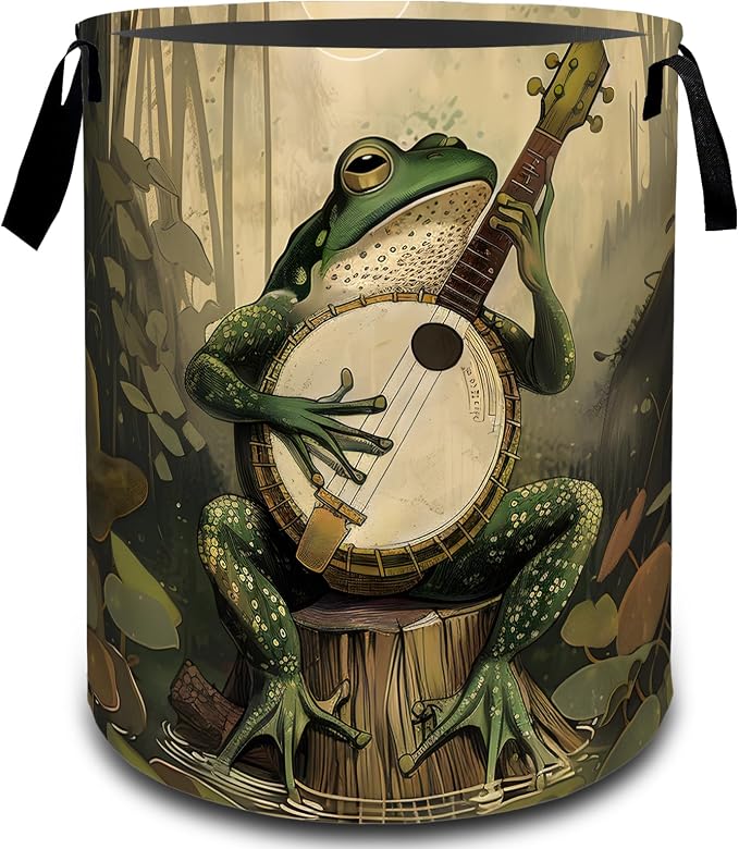 Fantasy Frog Banjo Swamp Laundry Basket, Dirty Collapsible Clothes Toy Organizer Hamper for Kids Adults, Oxford Cloth Waterproof Storage Bin for Bedroom Bathroom Funny Decor Gifts, 19.7"X15.7"