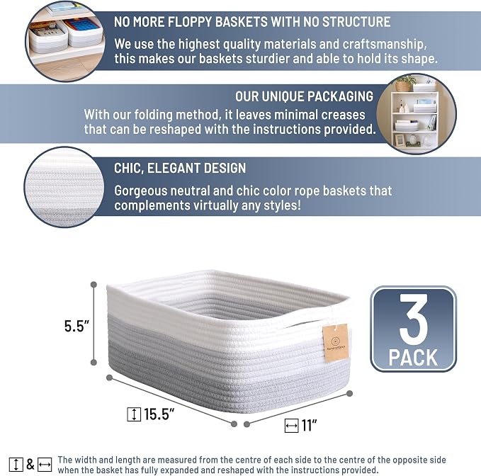 Woven Rope Baskets for Organizing, 3 Pack, 15.5 x 11 x 5.5" Storage Bins | Storage baskets and organizer bins for shelves, pantry, closet storage, toy organizer, bathroom storage, nursery, towels