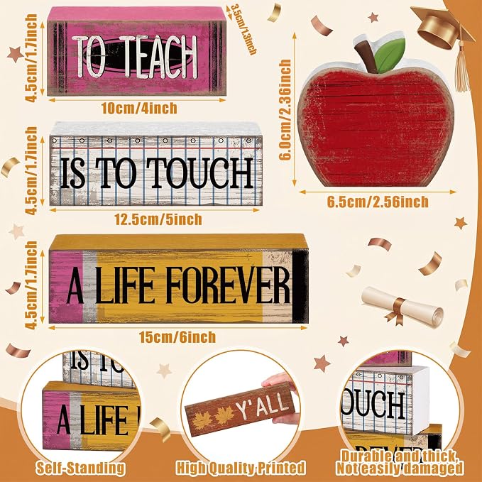 Moucuny 4 Pcs Back to School Table Decorations Retro Red Wooden Apple Decor | Back to School Centerpiece, Rustic Farmhouse Style, Teacher Appreciation Gift, Classroom Desk Display for Home Kitchen