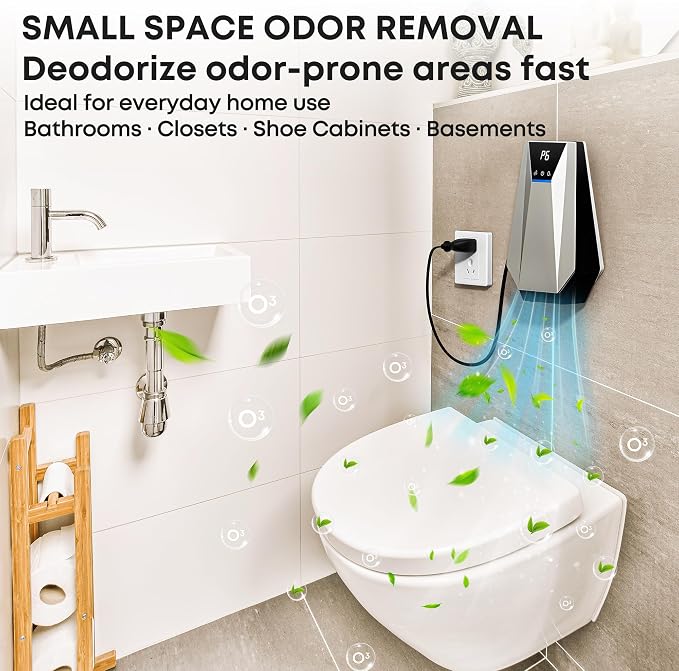 Cat Litter Deodorizer, Ozone Odor Eliminator & Air Ionizers, 99% Litter Box Deodorizer, Air Purifier Plug in for Dog Poop Odor Removal, for Toilet, Wardrobe, Shoe Closet, Garage, Room, Silver