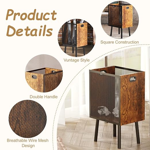 Office Garbage Can, Iron and Wood Office Trash Can with Legs, 4.5 Gallon Rectangular Design Wastebasket with Handle, Industrial Style Trash Can for Bathroom, Laundry Room, Kitchen, Office, Dorm