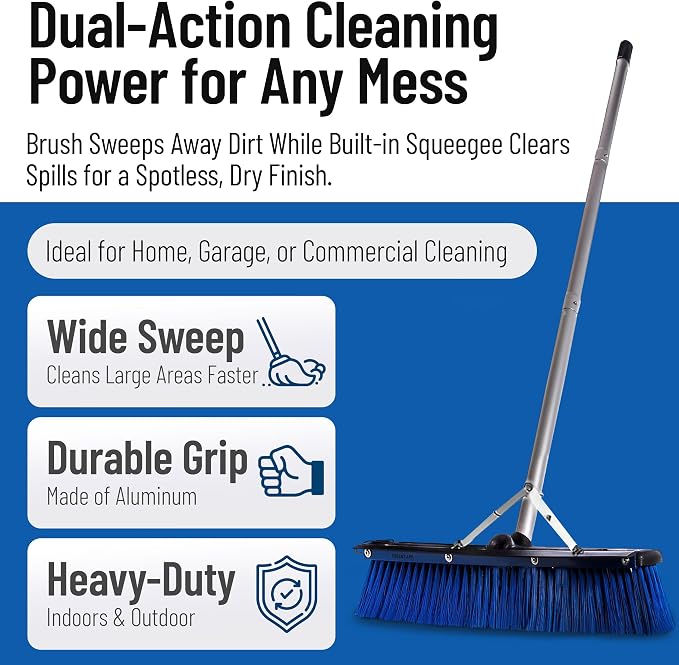 SPARTA 3621961814 Sweep Complete Aluminum Handle Floor Sweep with Squeegee, Plastic Bristles, 18" Length, 3" Bristle Trim, Blue