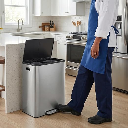 GarveeHome 16Gal Dual Trash Can & Recycle Bin, Stainless Steel Kitchen | Hands-Free Step Pedal, Silent Soft-Close Lid, Fingerprint-Resistant Brushed Steel, 2 Removable Inner Buckets