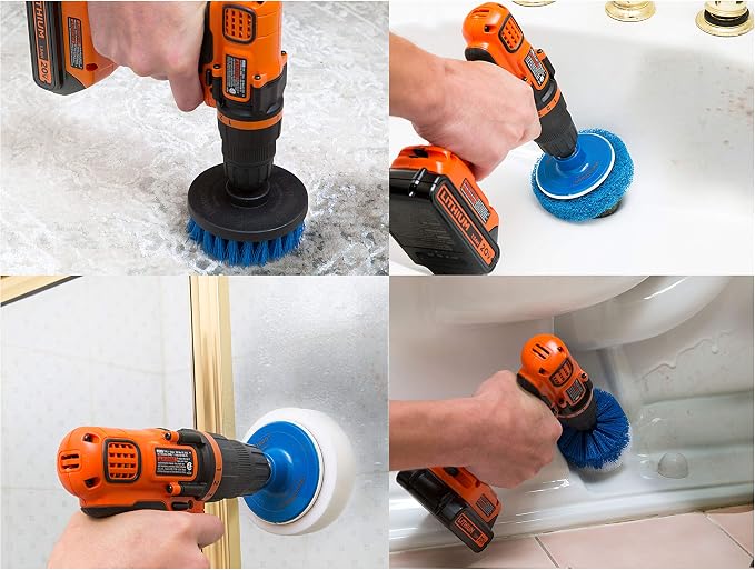 RevoClean 4 Piece Scrub Brush Power Drill Attachments-All Purpose Time Saving Kit-Perfect for Cleaning Grout, Tile, Counter, Shower, Grill, Floor, Kitchen, Blue & White