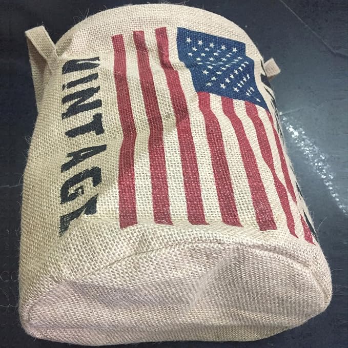 Burlap Waste Basket Vintage, Round Jute Organizer with Handles | Small Recycling Bin for Paper, Bottles & Cans, Rustic Home Office Decor, Patriotic American Flag Design, 10" Dia. X 12" H