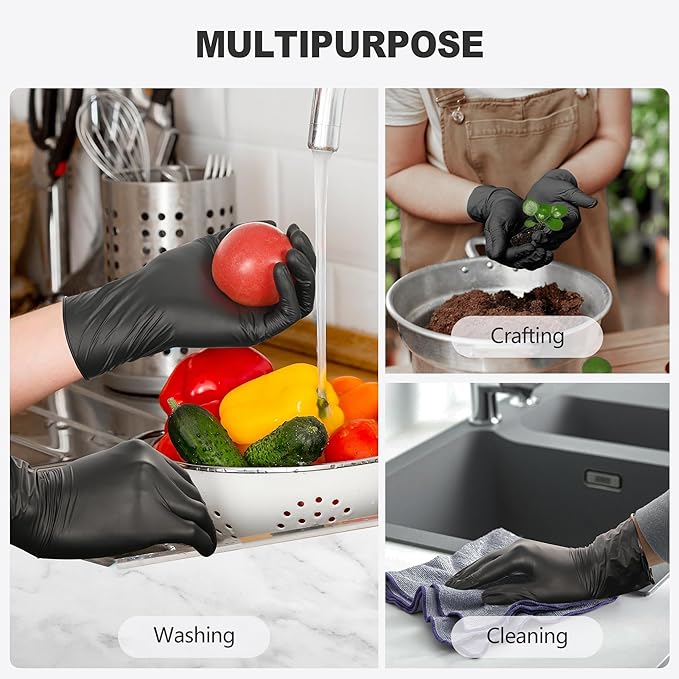 Black Vinyl Gloves, Food Grade Gloves Disposable Latex Free | Powder Free Guantes for Cleaning, Cooking, Food Prep