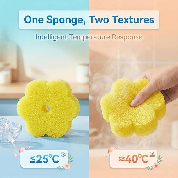 Scrub Flower Temperature Sensitive Sponges, Golden Sunflower | Firm when cold and soft when warm, these odor-resistant scrubbers clean dishes, kitchen surfaces and more.