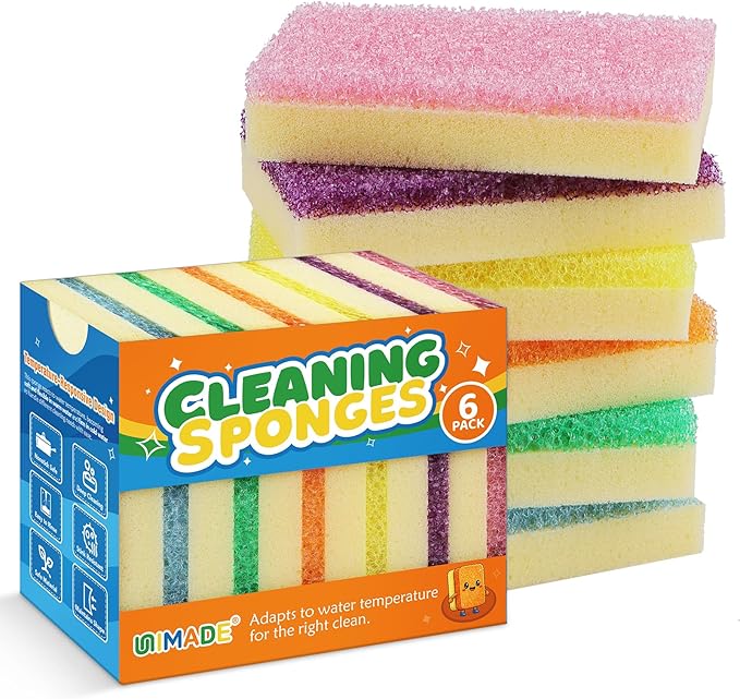 UNIMADE Scrub Sponge, Temperature Responsive Dual-Sided Cleaning Sponges | Non-Scratch Dish Sponge for Kitchen, Soft in Warm Water & Firm in Cold, 6 Pack