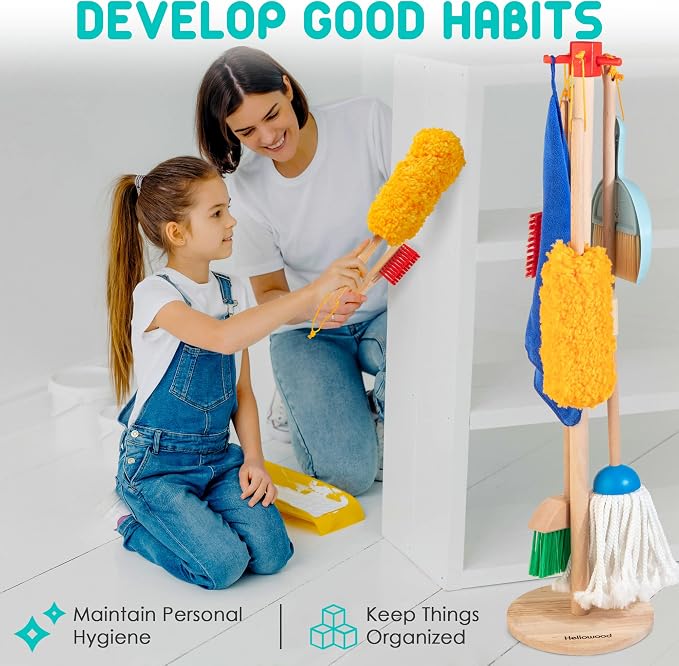 Kids Cleaning Set, 8 Pcs Wooden Housekeeping Play Toy Broom Mop Set | Brushes Rag and Organizing Stand, Montessori Cleaning Toys Gift for Toddlers Girls Boys Age 3-6, Solid Beech Wood