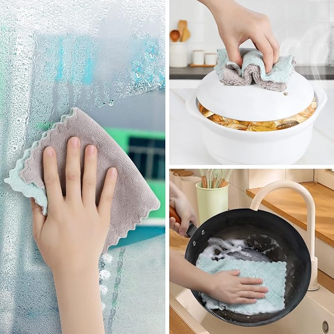 GADIEDIE 20Pcs Kitchen Cloth,Dish Towels,Super Absorbent Coral Fleece Dishtowels,Premium Dishcloths,Nonstick Oil Washable Fast Drying Dish Rags,for Clean Table Dish Glass Pet Paws (Green Gray)