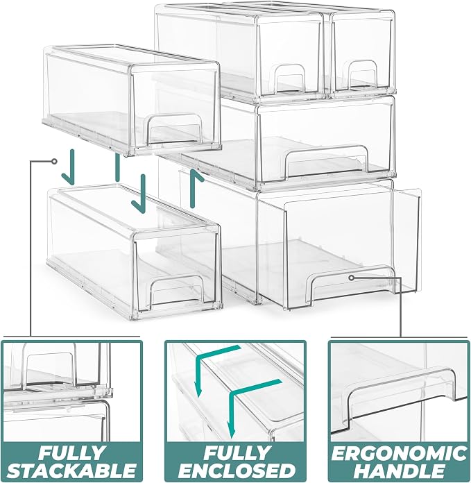 Sorbus Clear Stackable Storage Drawers with Pull-Out Bins (Small, 4 Pack) | Easy-access plastic organization for pantries, offices, bathrooms and closets; supports sorting and visibility.