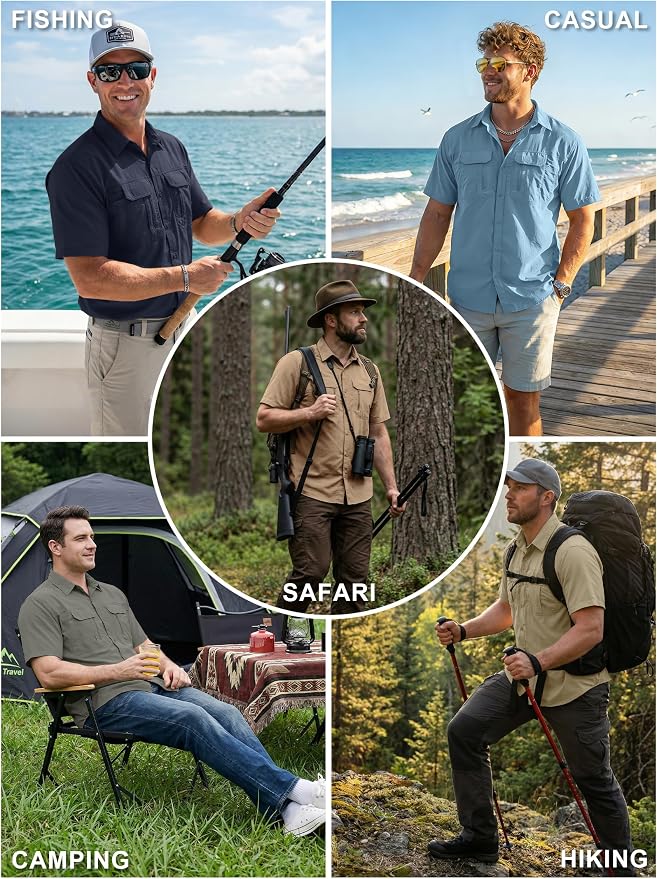 Mens Short Sleeve Fishing Shirt Sun Protection Quick Dry Lightweight | Breathable Fabric, Multi Pockets, for Fishing Safari Hiking Hunting Camping Outdoor Work Casual Wear