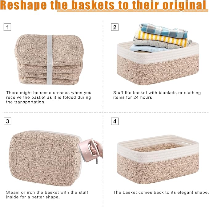 OIAHOMY 4 Pack Storage Baskets for Organizing, Small Bins for Shelves, Cute Decorative Storage Bins, Organizer Baskets for Gifts Empty, 11.8''Lx7.8''Wx4.7''H, Brown/White