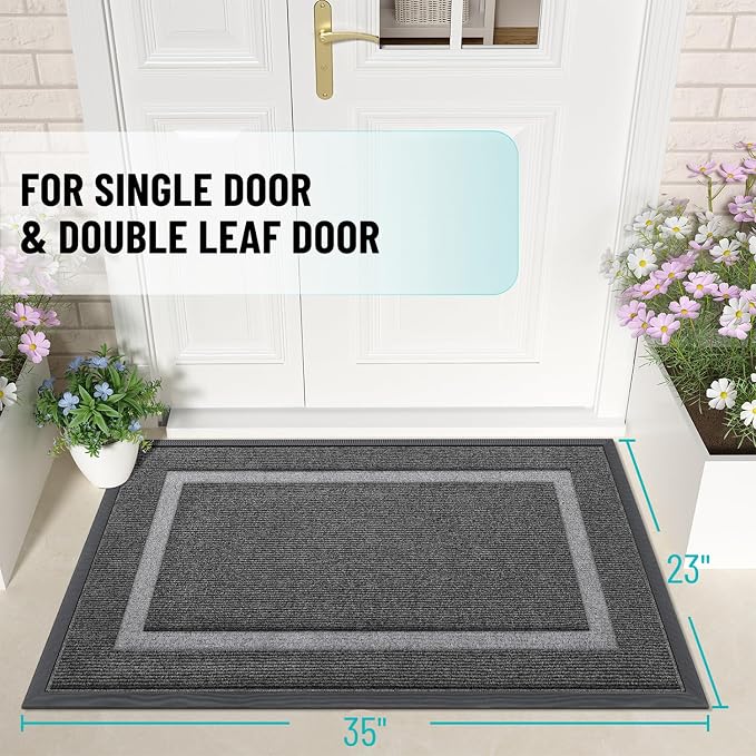OLANLY Front Door Mat Outside 35x23, All-Season Heavy-Duty Rubber Doormat | Dark Grey, Absorbent, Stain Fade Resistant, Waterproof Non-Slip Backing, Low-Profile Indoor Outdoor Floor Mat for Entryway