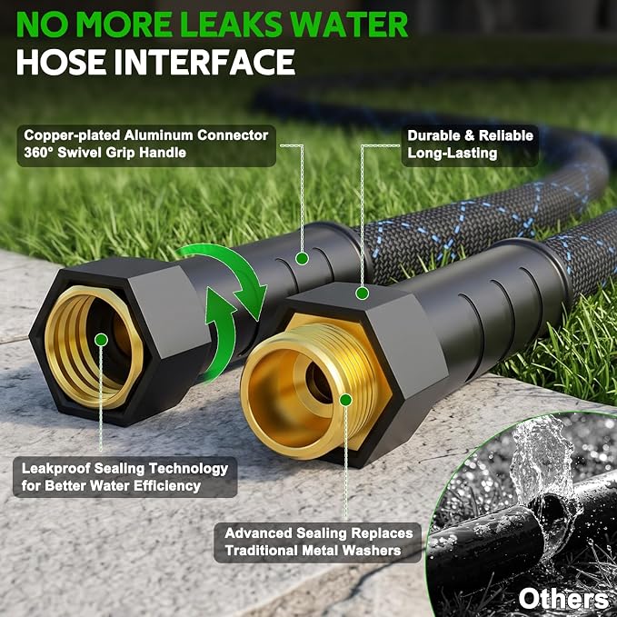 Non-Expanding Garden Hose 50ft w/10 Function Nozzle, Lightweight Water Hose