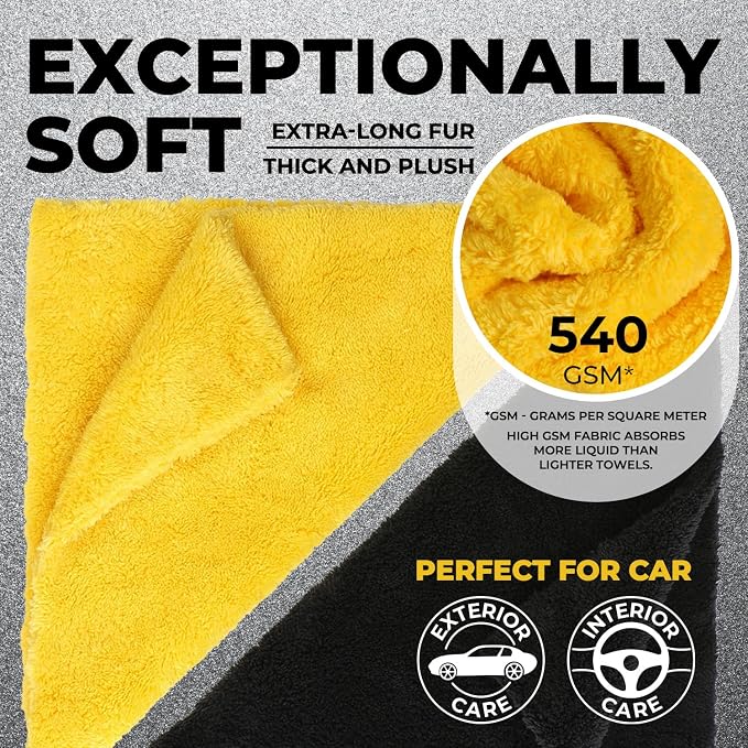 Edgeless Microfiber Car Towels – 6pk(12”x12”) – Soft & Scratch-Free Towels | 540 GSM - Great for Drying, Detailing, Polishing, Buffing - Ultra Absorbent Microfiber Cleaning Cloths for Car