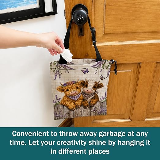 Farmhouse Highland Cows Car Trash Bag Hanging for Back Seat | Rustic Lavender Floral Cow Canvas Drawstring Car Garbage Bag with Adjustable Buckle Vehicle Trash Can