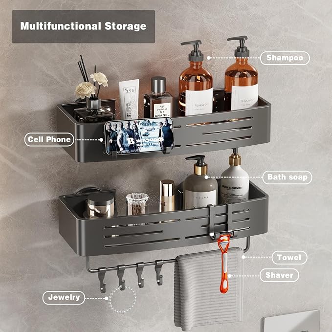 Voldra Shower Caddy Suction Cup, 1 Pack Shower Shelves for Inside Shower No Drilling, Aluminum Suction Showers Organizer with Towel Bar & Hooks Removable Bathroom Shelf Storage Rack(Gray)