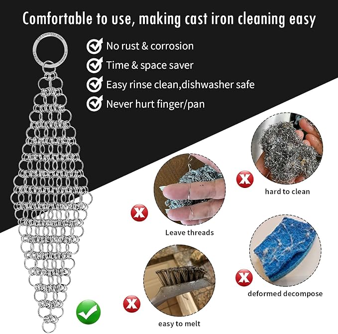 2Pack 4" Chain Mail Cast Iron Cleaner Scrubber, 316 Chainmail Scrubber | Cast Iron Skillet Cleaning Brush, Chainmail Scrubbing Metal Scrub Tool to Clean Dutch Oven Carbon Steel Wok Grill Pan Pot