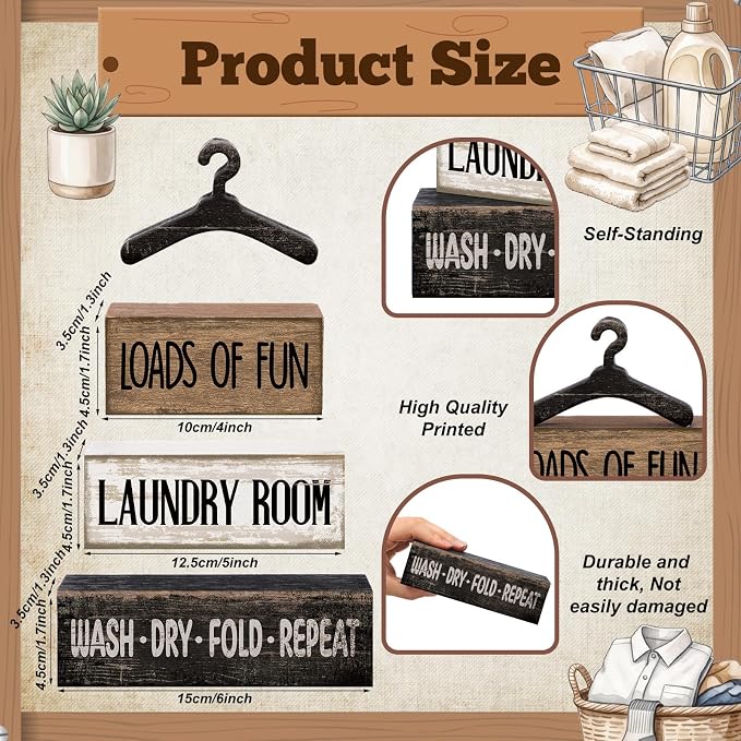 Moucuny 4 Pcs Laundry Room Decor Wooden Signs Rustic Farmhouse Block | Wash Dry Fold Repeat Text, Laundry Shelf Decor, Tiered Tray Centerpiece, Rustic Farmhouse Style with Hanger Accent