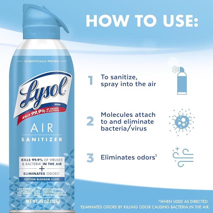 Lysol Air Sanitizer with Bacterial Odor Eliminator for Home & Office, Air Freshener Alternative, Cotton Blossom Scent, 10 oz (Pack of 6)