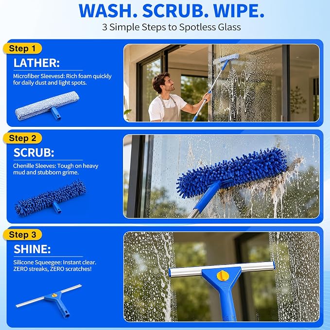 19-Piece Window Cleaning Kit with 3 Gal Cleaning Bucket, Professional 14" Window Squeegee & 15" Window Scrubber with 78" Extension Pole, Window Washing Tools for Home, Car, RV and Outdoor Glass